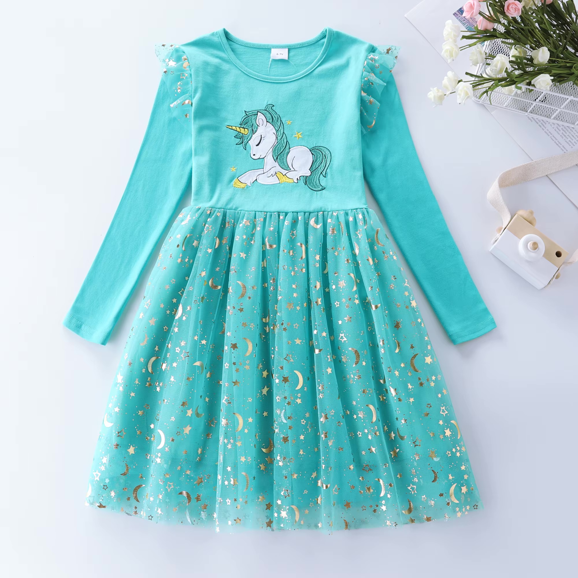 Embroidered Cartoon Unicorn Mesh Dress 1